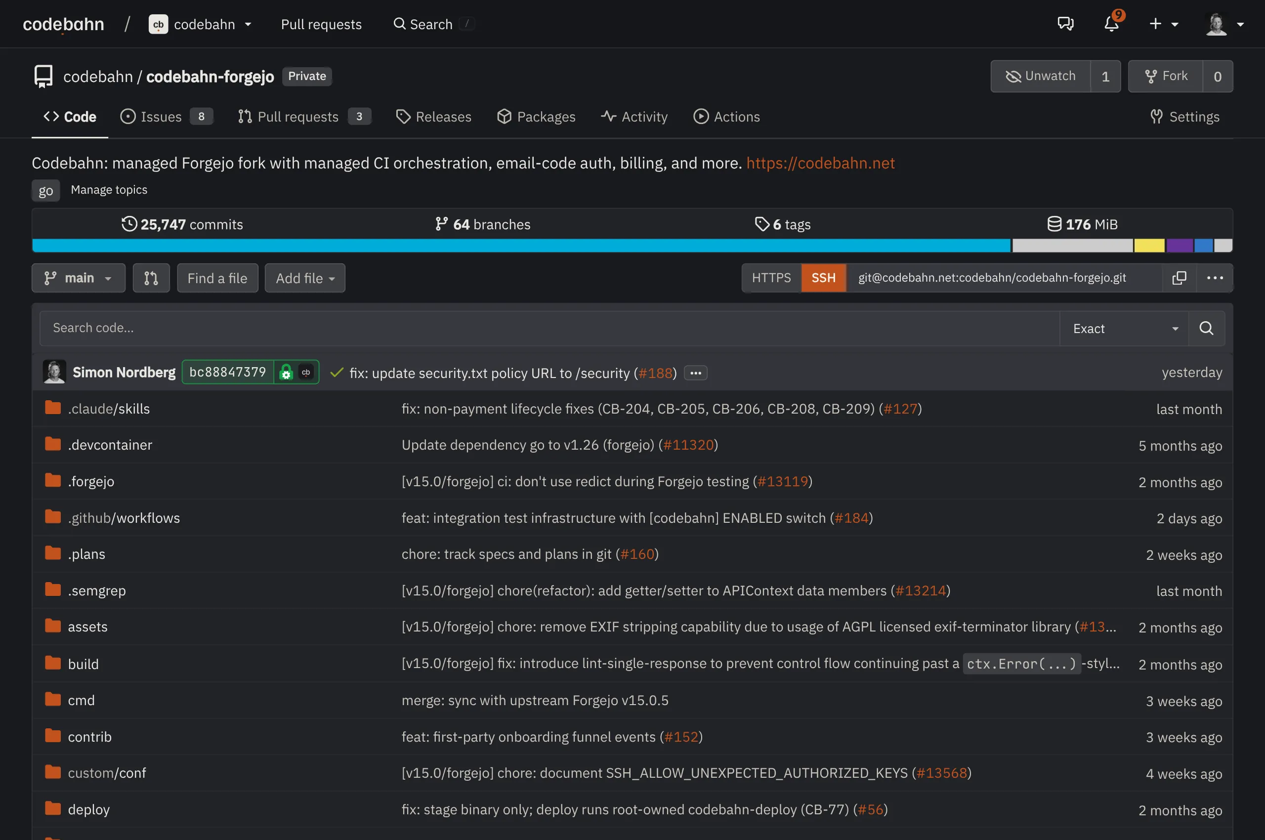 Repository view, dark theme