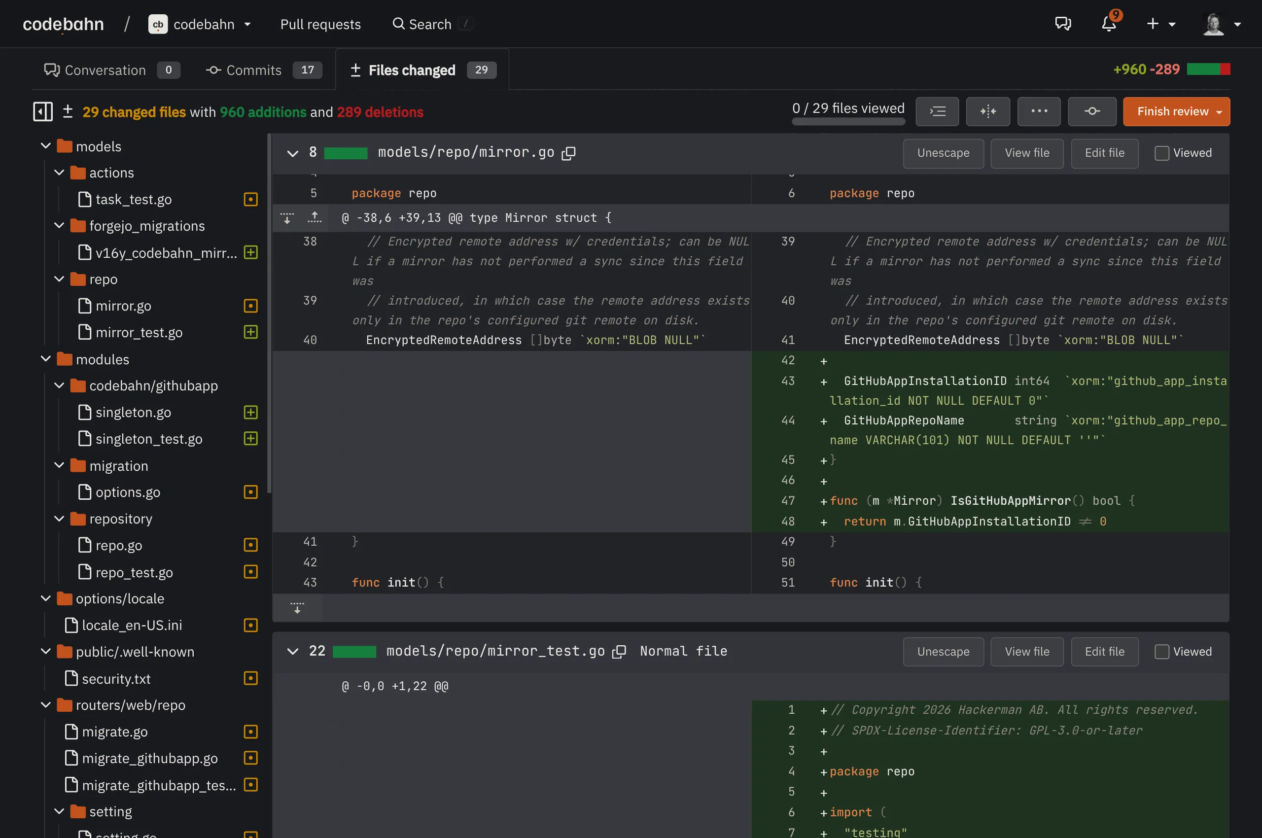 Code review diff view