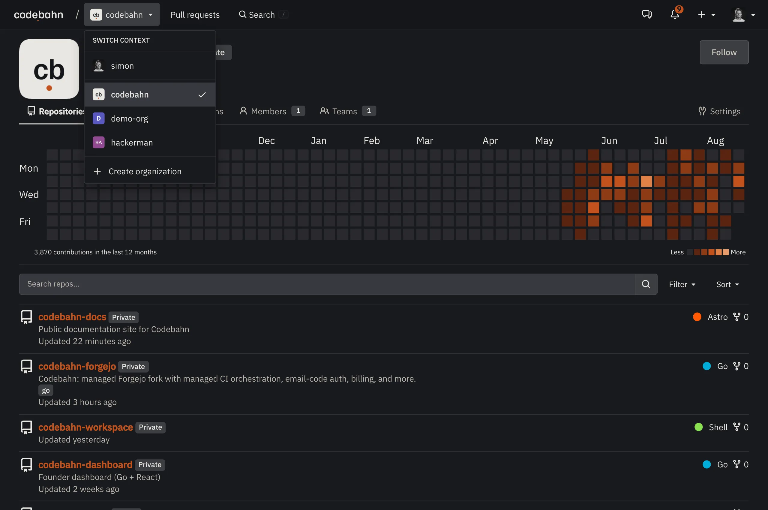 Organization view with contribution heatmap
